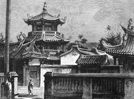 Tor tor of a Chinese temple complex, ornamentation, protruding roof, animal figures, dragons,