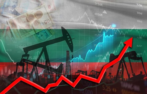 Oil production with Bulgarian flag, petrol industry. Oil pumps with Bulgaria flag