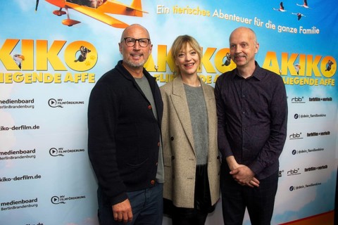Benno Fürmann, Heike Makatsch, director and writer Veit Helmer, AKIKO DER FLIEGENDE AFFE (cinema
