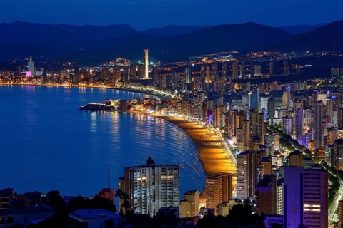 View over Benidorm and the Playa Levante, blue hour, Benidorm, Costa Blanca, Valencia country,
