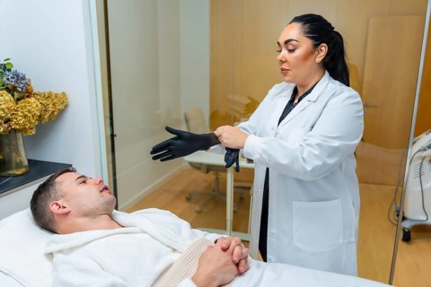 Doctor wearing a lab coat and black gloves while preparing for a medical procedure, with a male