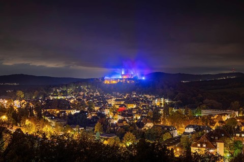The castle in the town of Königstein im Taunus is brightly illuminated in the evening. From 18
