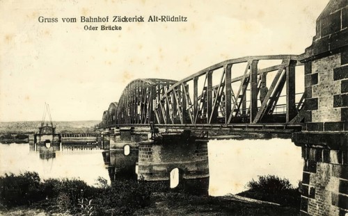 Historical postcard, picture postcard, Oder bridge at Zäckerick railway station, Old Rüdnitz, West