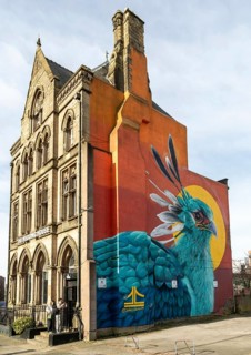 'Liver Bird' street art mural painted by Jon Culshaw, The Wedding House building, Great George
