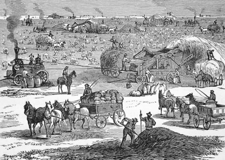 Bringing in the harvest, a farm scene in Kansas, around 1870, America, digital reproduction of a