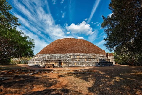 Kantaka Chetiya ancient ruined Buddhist daboga stupa in Mihintale, Sri Lanka, built 2nd century BC,
