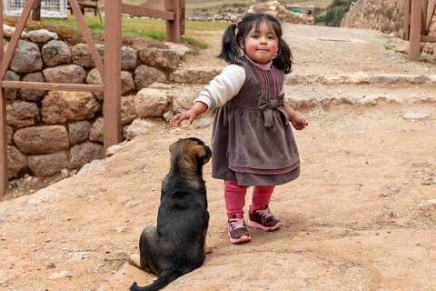 Girl with dog, Chinchero, Sacred Valley, Peru