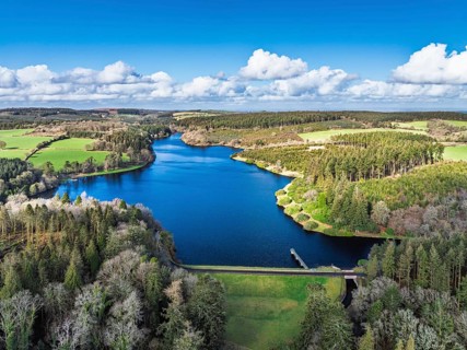 Farms and Forest over Kennick Reservoir from a drone, South West Lakes Trust, Dartmoor National