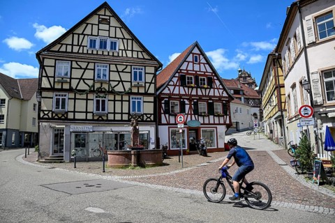 Street scene in Gernsbach, half-timbered houses, Murgtal, Rastatt district, northern Black Forest,