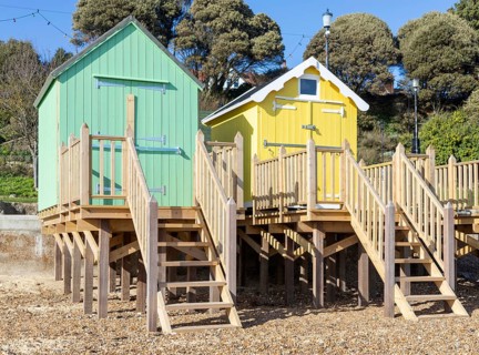New beach huts built on beach platforms, Return of Beach Huts to the Spa initiative, Felixstowe Spa