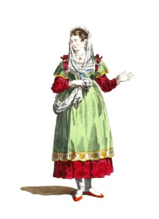Historical clothing, fashion over time, traditional costume of a woman from Paros, an island of