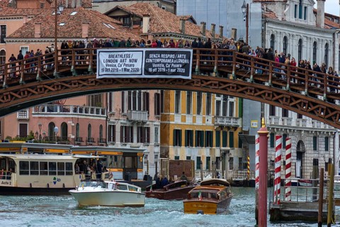 Crowds of tourists on the Ponte dell'Accademia in high season, Venice, Veneto, Italy