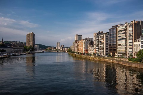 Marina and banks of the river Meuse in the evening light, Liège, Belgium