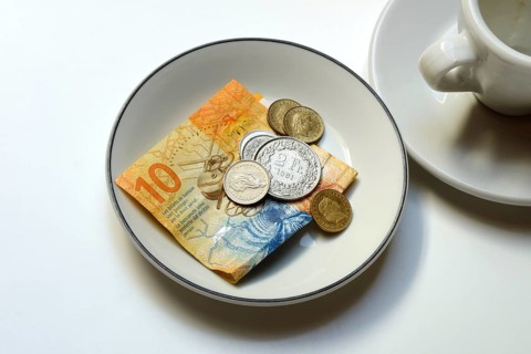 Tip, Swiss coins and Swiss franc note on plate, Switzerland