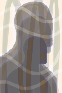 This illustration captures a mysterious, shadowy figure obscured by translucent geometric patterns,