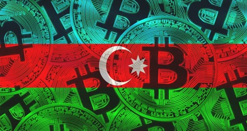 Azerbaijani flag with Bitcoins in the background. Investors in cryptocurrency and Blockchain