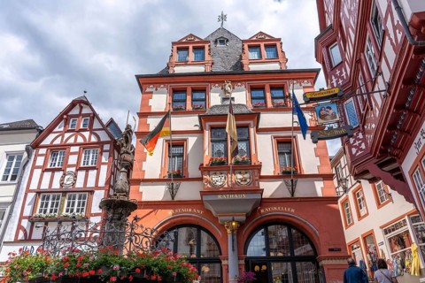 The wine town of Bernkastel-Kues on the Middle Moselle, the town hall on the medieval market square