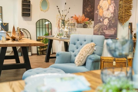 Living room view with comfortable armchair, decorative elements and flowers, Sindelfingen, Germany