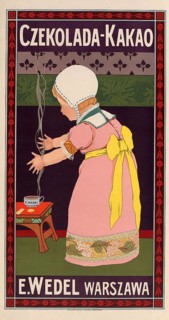 Advertising poster, beverage advertisement, poster promoting E. Wedel chocolate and cocoa from