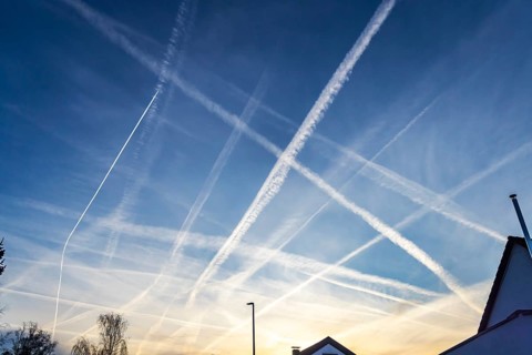 Contrails in the sky. Stuttgart, Baden-Württemberg, Germany