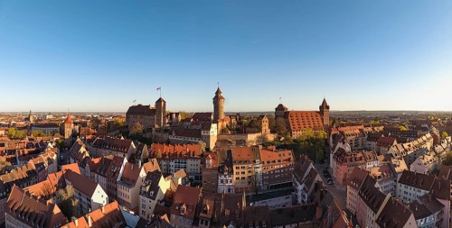 Aerial view, panorama of Nuremberg's old town with the historic Kaiserburg, Nuremberg, Middle