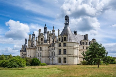 Southwest view, detailed view of the monumental Renaissance Château de Chambord castle with its