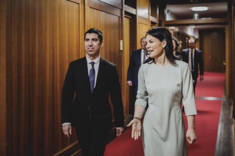 (R-L) Annalena Bärbock (Alliance 90/The Greens), Federal Foreign Minister, meets Mihai Popsoi,