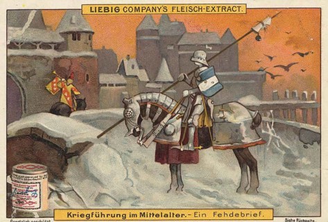 Picture series Warfare in the Middle Ages, delivery of a feud letter, an armored knight on an