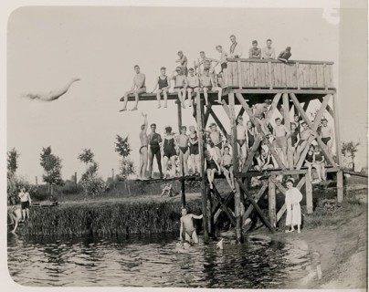 Outdoor pool, diving tower, bathing, swimwear, leisure, summer, woman, men, girls, boys, children,