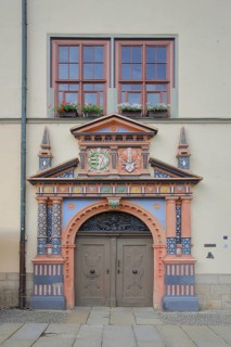 Portal with decorations from the town hall, Renaissance, market, Saale, Naumburg, Saxony-Anhalt,