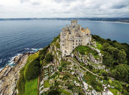 St Michaels Mount, Castle from a drone, Marazion, Cornwall, England, United Kingdom