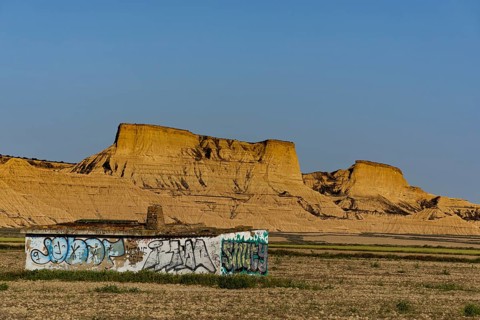Evening light in the rocky landscape in the Bardenas Reales nature park Park, Navarra, Spain
