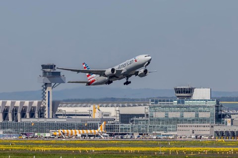 Plane taking off from Fraport Airport in Frankfurt. FRA, EDDF. Aircraft registration number: