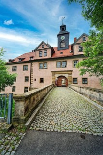 Gate building and castle bridge, Tenneberg Castle, museum, baroque room, castle, interior view,