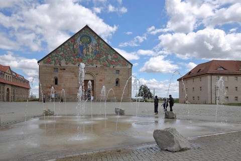 Building Paradise Gardens, garden paradises former St Peter's Church with mural Paradise by