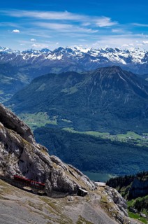 Pilatus railway, steepest cogwheel railway in the world from Alpnach to the Pilatus, behind it
