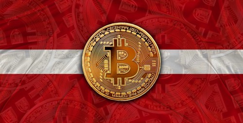Investors in Blockchain Technology with Latvia flag background. Bitcoin cryptocurrency with Latvian