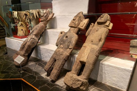 Standard bearer Aztec stone figures, archaeological site and museum of Templo Mayor, Mexico City,