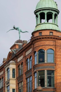 Former Varehuset department stores' Trade fairs with Hermes statue by Julius Schultz, Copenhagen,