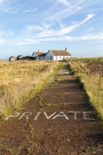 Private painted sign on driveway to restrict entry to property, The Beacons, Shingle Street,