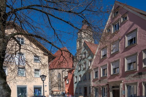 Historic house gables and the tower of St Andrew's Church, Weißenburg, Middle Franconia, Bavaria,
