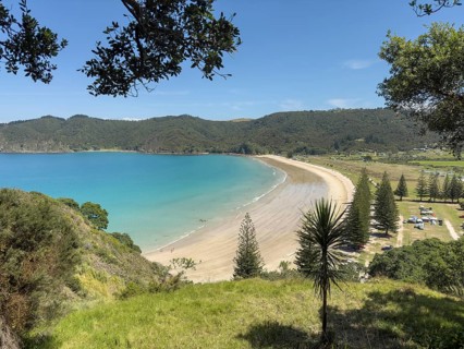 Picturesque coastal landscape with sandy beach and turquoise sea, surrounded by lush vegetation