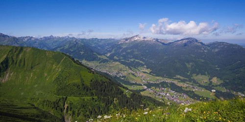Panorama from the Fellhorn, 2038m, over the Kleine Walsertal to the Hoher Ifen, 2230m, and the