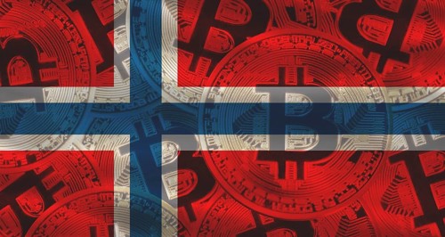 Golden bitcoin coins on Norway flag background. Bitcoin coins on Norway flag background