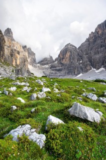 Cliffs and pinnacles in fog, Brenta Mountains, Brenta-Adamello Natural Park, Trentino, Italy