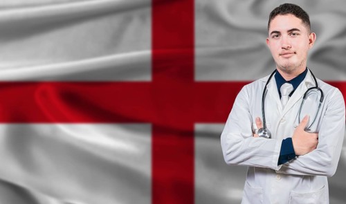 Portrait of medical professional on England flag background. English national health system