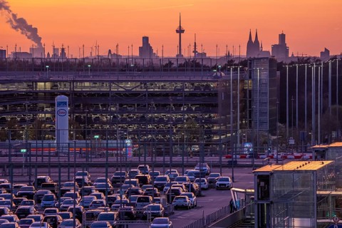 Cologne-Bonn Airport car parks, Cologne city center skyline, Cathedral, North Rhine-Westphalia,