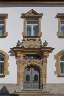 Entrance portal of the former courthouse, Bahnhofsstraße 2, Weißenburg, Middle Franconia, Bavaria,