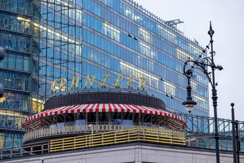 City view of Berlin. Café Kranzler on Kurfürstendamm. Distinctive exterior view with logo. Berlin,