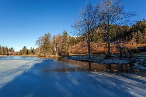 Moor, moor pond, icy, winter, behind Allgäu Alps, Oberstdorf, Oberallgäu, Allgäu, Bavaria, Germany